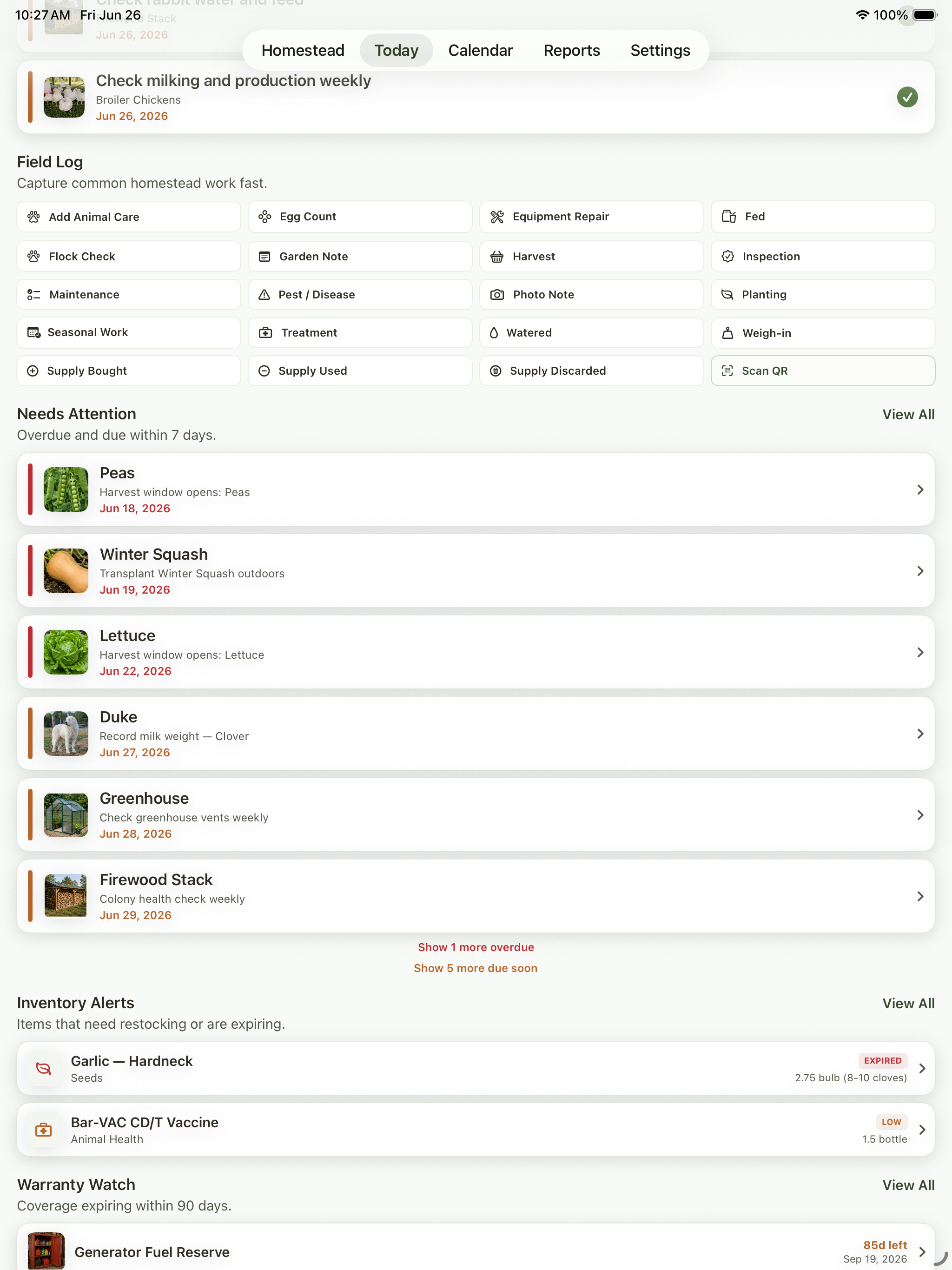 Today screen after task completion showing updated reminders and inventory sections.